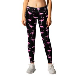 Pink Glitter Flamingo Pattern  |  Black Background Leggings