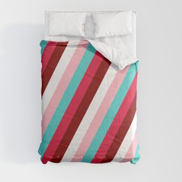 [ Thumbnail: Eye-catching Turquoise, Crimson, Maroon, White & Light Pink Colored Stripes/Lines Pattern Comforter ]