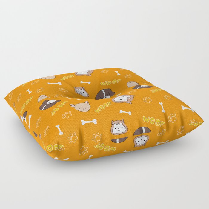 Orange pattern with cute, funny happy dogs. Paws print, bones, woof text and pets. Floor Pillow