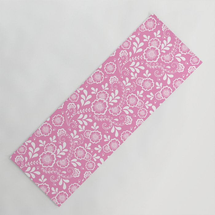 Pink And White Eastern Floral Pattern Yoga Mat