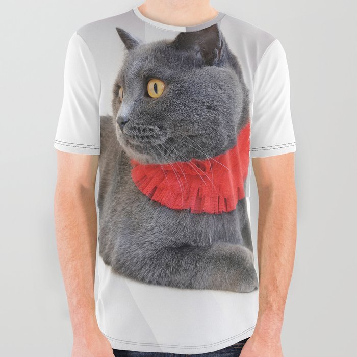 Shorthair Cat Staring At Something Interesting - British Blue Cat All Over Graphic Tee