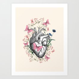 Floral and pink butterflies with Human Heart in love, vintage effect watercolor pink  flowers, Heart Art Print