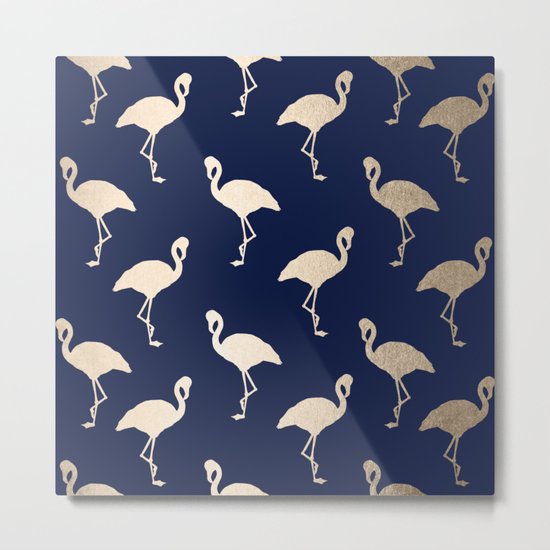 Gold Flamingo Pattern Navy Blue Metal Print