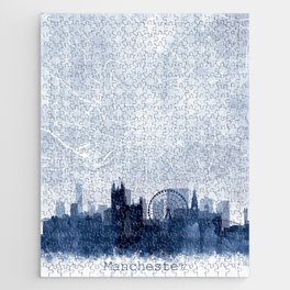 Manchester Skyline & Map Watercolor Navy Blue, Print by Zouzounio Art Jigsaw Puzzle