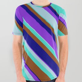 [ Thumbnail: Eyecatching Purple, Light Blue, Turquoise, Brown & Blue Colored Striped Pattern All Over Graphic Tee ]
