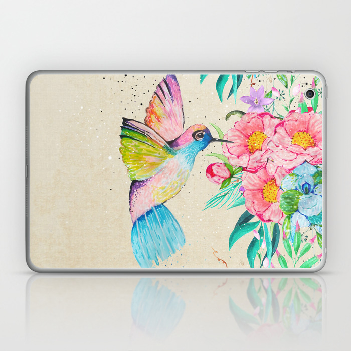 Whimsical Watercolor Hummingbird And Floral Hand Paint Laptop