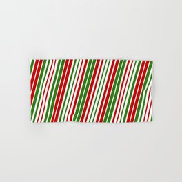 [ Thumbnail: Christmas-Style Red, White & Green Colored Stripes Pattern Hand & Bath Towel ]