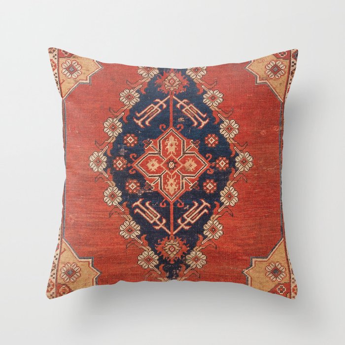 Southwest Tuscan Shapes II // 18th Century Aged Dark Blue Redish Yellow Colorful Ornate Rug Pattern Throw Pillow