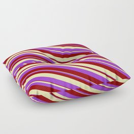 [ Thumbnail: Dark Orchid, Dark Red, and Pale Goldenrod Colored Striped/Lined Pattern Floor Pillow ]