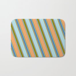 [ Thumbnail: Brown, Green, Powder Blue & Blue Colored Stripes Pattern Bath Mat ]