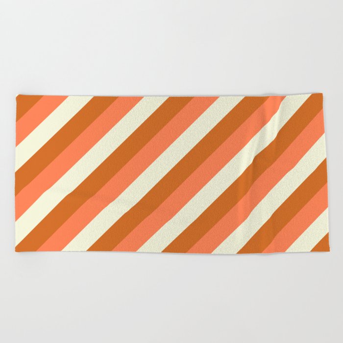 Beige, Chocolate, and Coral Colored Stripes Pattern Beach Towel