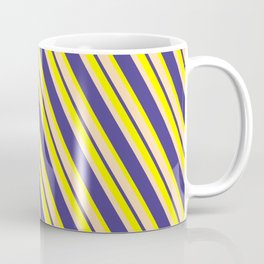 [ Thumbnail: Yellow, Tan, and Dark Slate Blue Colored Striped/Lined Pattern Coffee Mug ]