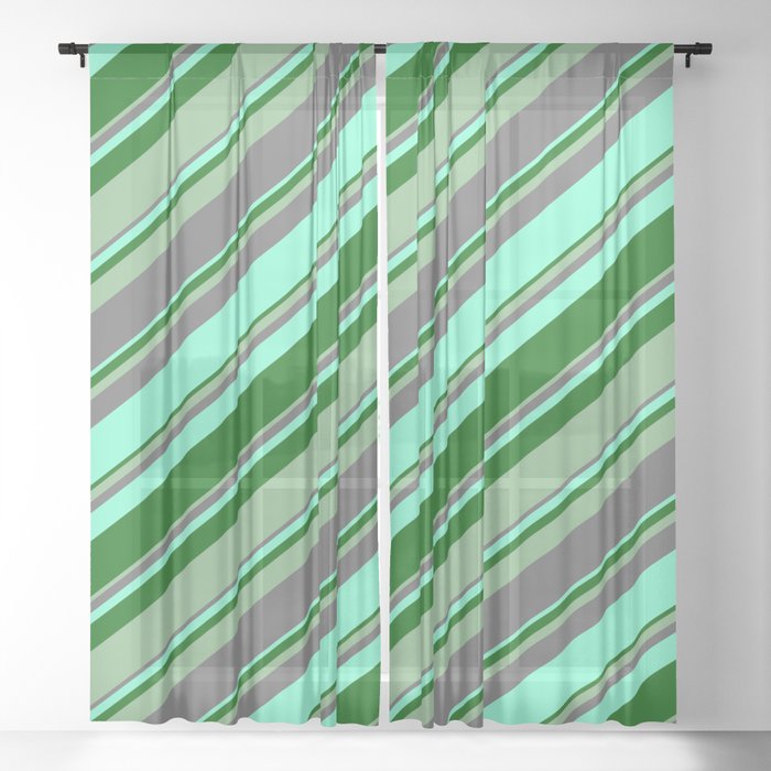 Dim Gray, Aquamarine, Dark Green, and Dark Sea Green Colored Lines/Stripes Pattern Sheer Curtain