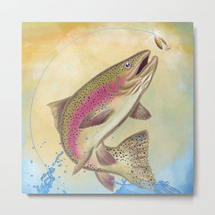 End Of The Line // Rainbow Trout Jumping Out Of Splashing Water // With  Lure at Sunset // Fish On! Metal Print by Craig Reese Design