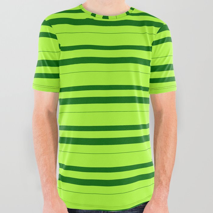 Light Green & Dark Green Colored Lines/Stripes Pattern All Over Graphic Tee