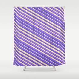 [ Thumbnail: Purple, Slate Blue, and Tan Colored Striped Pattern Shower Curtain ]