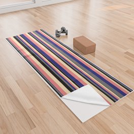[ Thumbnail: Vibrant Beige, Light Coral, Midnight Blue, Dim Gray, and Black Colored Pattern of Stripes Yoga Towel ]