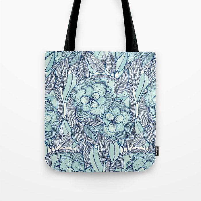 Teal Magnolias - a hand drawn pattern Tote Bag