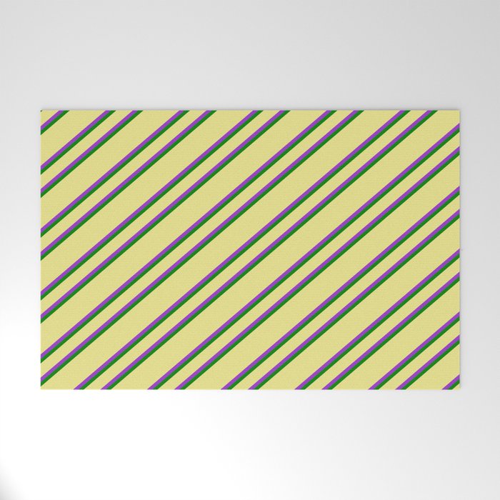 Tan, Dark Orchid & Green Colored Lined/Striped Pattern Welcome Mat