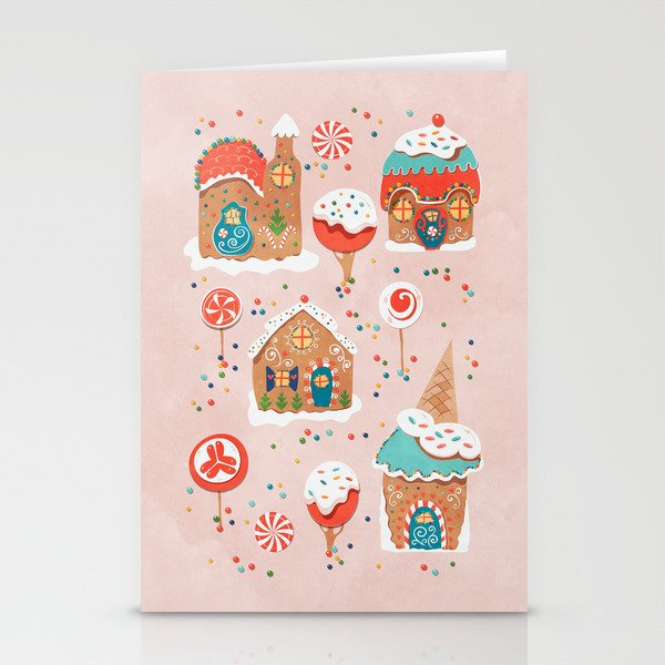 Gingerbread Candy Land on pink Stationery Cards