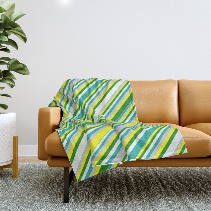 Eyecatching Yellow, Forest Green, Mint Cream, Light Sea Green, and Light Grey Colored Lined Pattern Throw Blanket