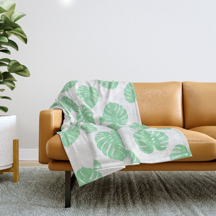 Palm Leaf Tropical Monstera House Plant Hipster Mint And White Home Decor College Dorm Throw Blanket