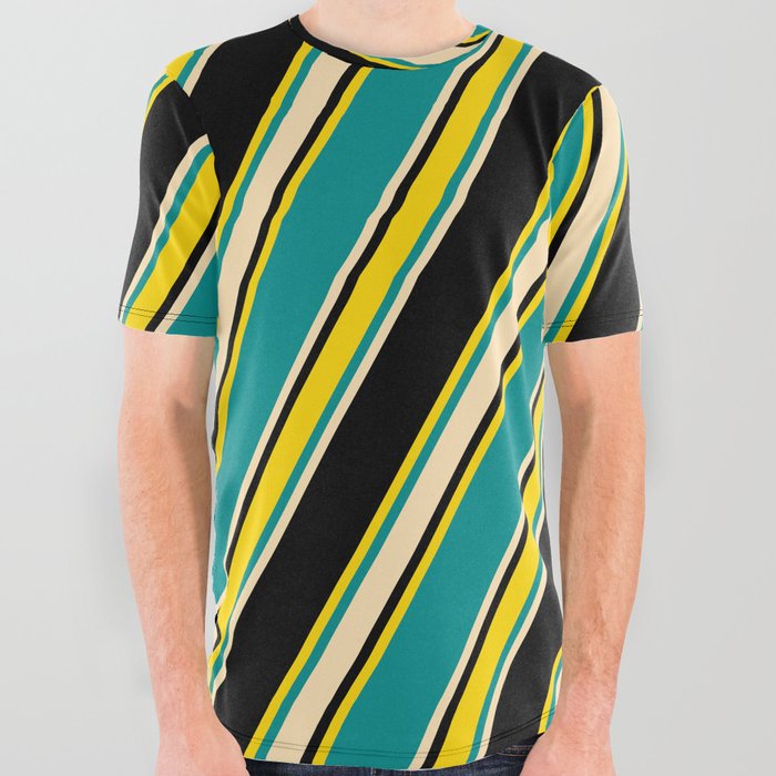 Dark Cyan, Beige, Black, and Yellow Colored Lines/Stripes Pattern All Over Graphic Tee