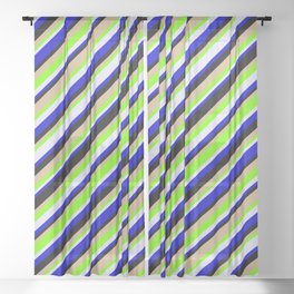 [ Thumbnail: Eye-catching Green, Lavender, Blue, Black, and Tan Colored Lined/Striped Pattern Sheer Curtain ]