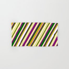 [ Thumbnail: Tan, Purple, Dark Green, Goldenrod, and White Colored Lined/Striped Pattern Hand & Bath Towel ]