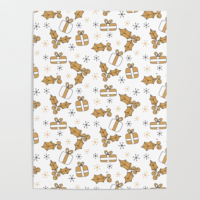 Christmas Pattern Yellow Retro Gifts Holly Poster