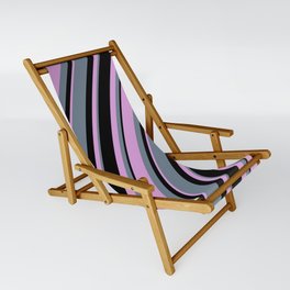 [ Thumbnail: Plum, Slate Gray, and Black Colored Lines Pattern Sling Chair ]