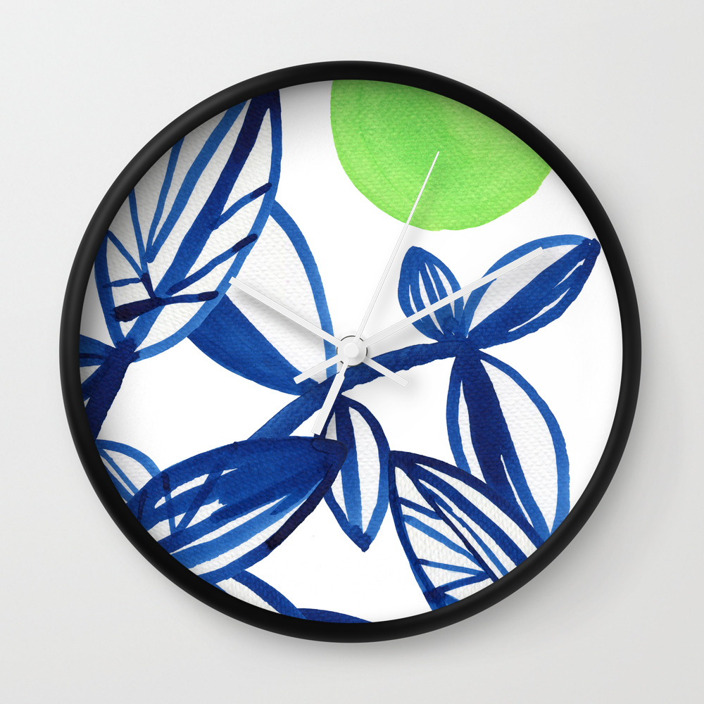 Navy Blue And Lime Green Abstract Leaves Wall Clock By Elenablanco