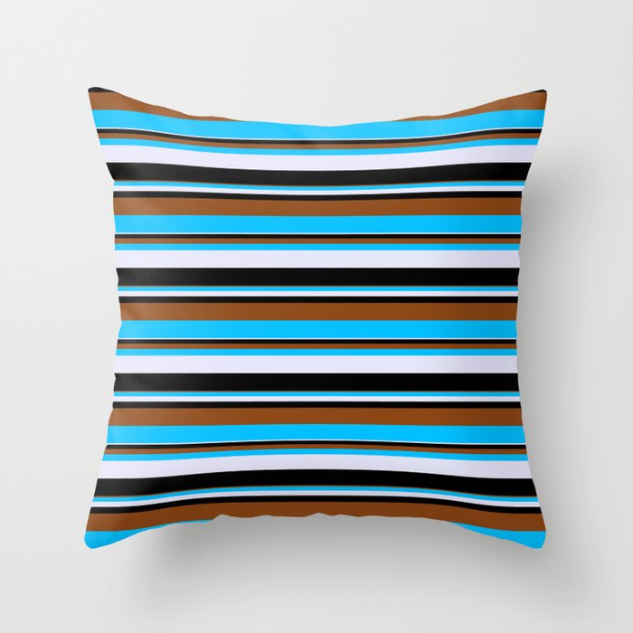 Brown, Deep Sky Blue, Lavender, and Black Colored Pattern of Stripes Throw Pillow