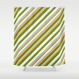 [ Thumbnail: Green, Light Cyan & Tan Colored Pattern of Stripes Shower Curtain ]