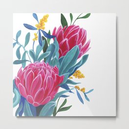 Pink protea Metal Print | Pink, Yellow, Ekibana, Bouquet, Flowers, Mimosa, Floral, Acrylic, Painting, Turquoise 