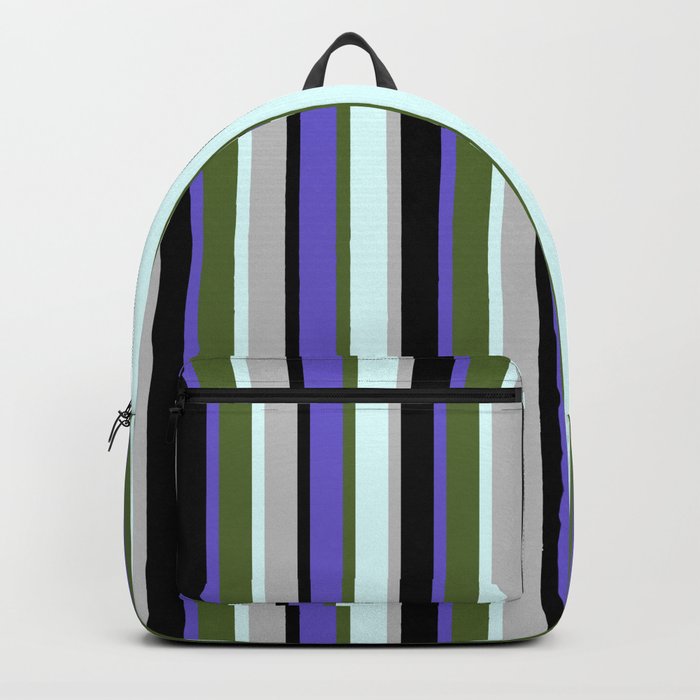 Eyecatching Slate Blue, Dark Olive Green, Light Cyan, Grey & Black Colored Lines/Stripes Pattern Backpack