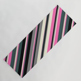 [ Thumbnail: Grey, Beige, Hot Pink, Dark Slate Gray, and Black Colored Lines/Stripes Pattern Yoga Mat ]