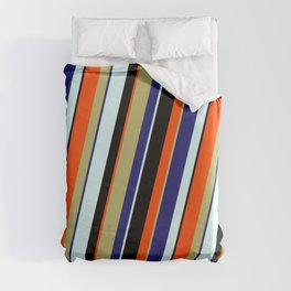 [ Thumbnail: Colorful Dark Khaki, Midnight Blue, Light Cyan, Black & Red Colored Lined/Striped Pattern Duvet Cover ]