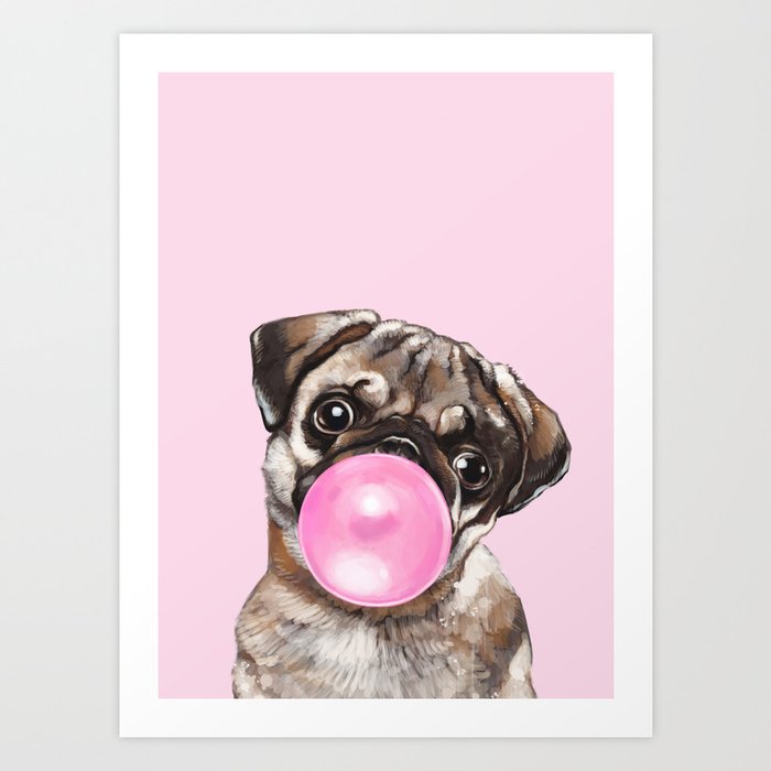 Pug with Pink Bubble Gum Art Print
