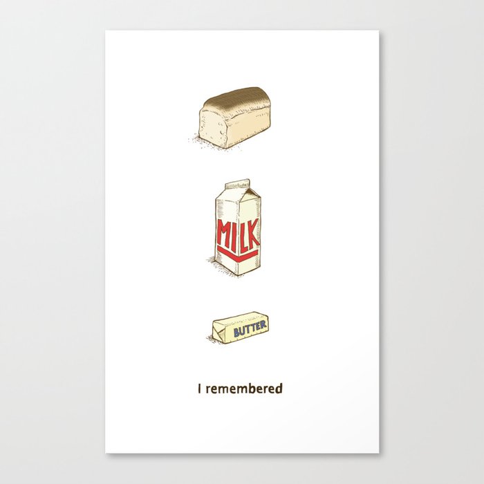 Loaf of Bread, Container of Milk and a Stick of Butter Canvas Print