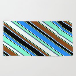 [ Thumbnail: Colorful Brown, Blue, Mint Cream, Black & Aquamarine Colored Striped Pattern Beach Towel ]