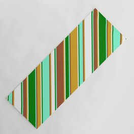 [ Thumbnail: Vibrant Aquamarine, Sienna, Goldenrod, White & Green Colored Lines/Stripes Pattern Yoga Mat ]