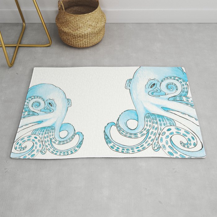 Blue Pen and Watercolor Octopus Rug