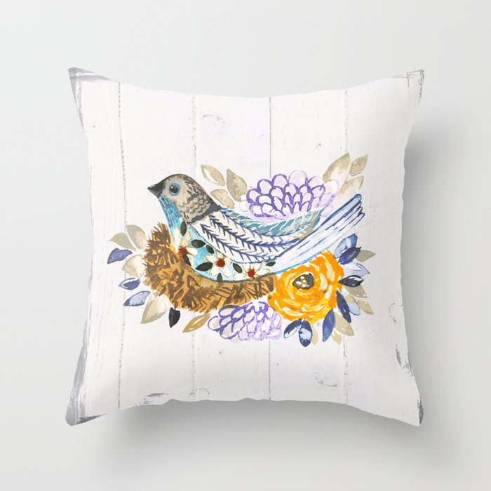Nesting Painted Boho Bird Throw Pillow