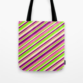 [ Thumbnail: Purple, Hot Pink, Green & Bisque Colored Lined Pattern Tote Bag ]