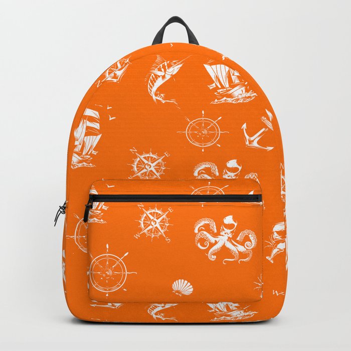 Orange And White Silhouettes Of Vintage Nautical Pattern Backpack