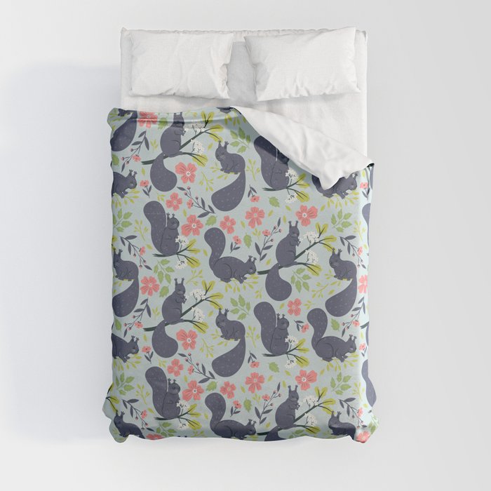 Grey flowers and squirrels Duvet Cover