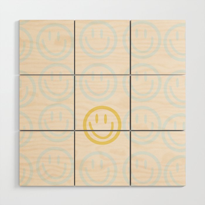 Preppy Smiley Face - Blue and Yellow Wood Wall Art