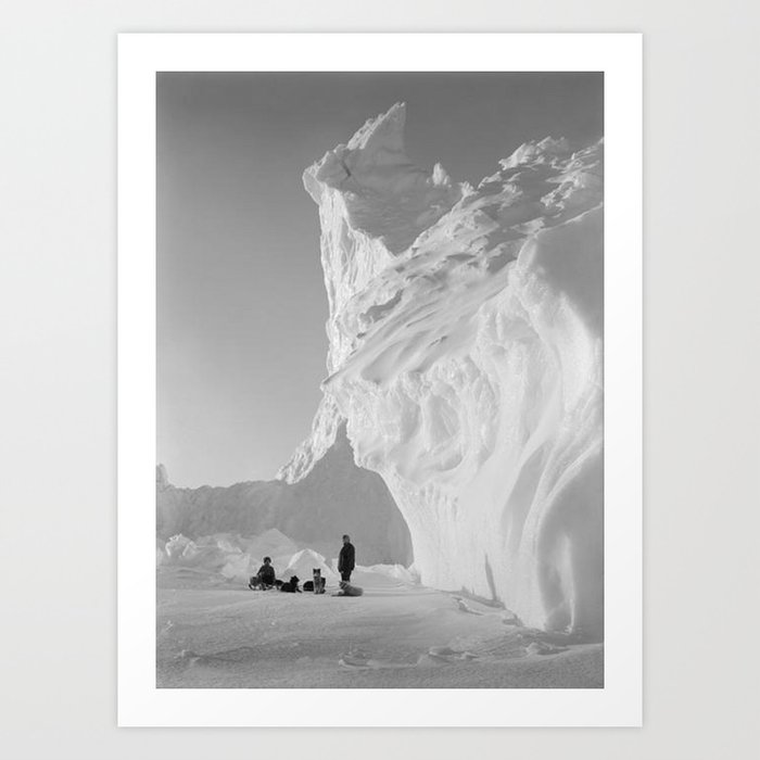 Under the Polar Berg with Dog Sled, Antarctic black and white photography / photographs by Herbert Ponting Art Print