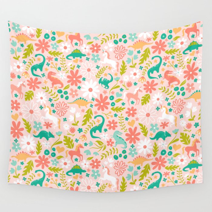 Dinosaurs + Unicorns in Pink + Teal Wall Tapestry
